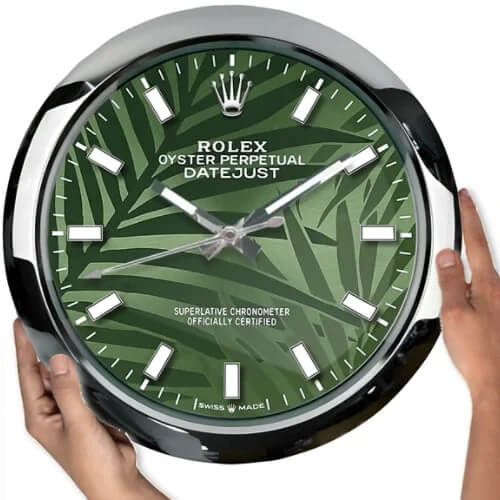 Oyster Perpetual Style Wall Clock | Sliver & Green Palm