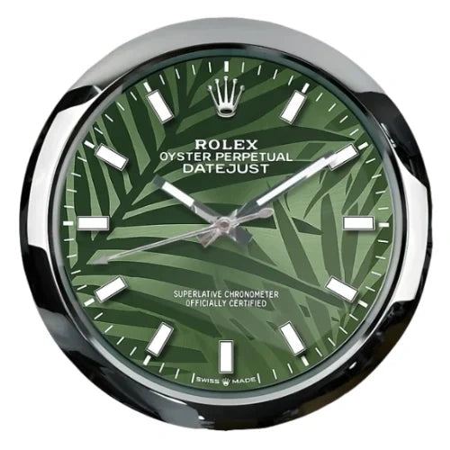 Oyster Perpetual Style Wall Clock | Sliver & Green Palm