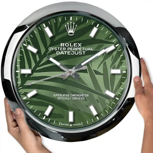 Oyster Perpetual Style Wall Clock | Sliver & Green Palm