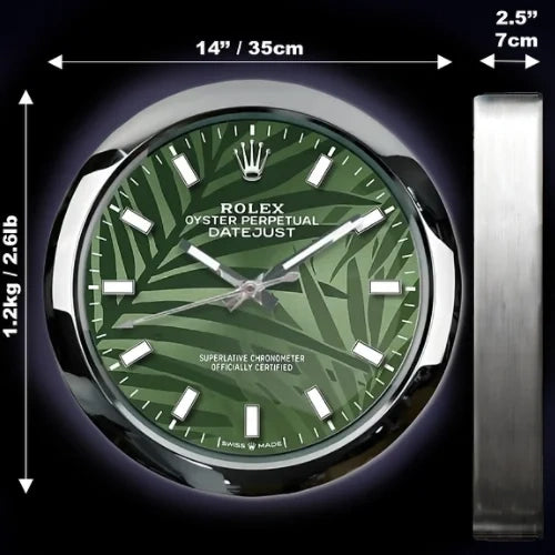 Oyster Perpetual Style Wall Clock | Sliver & Green Palm
